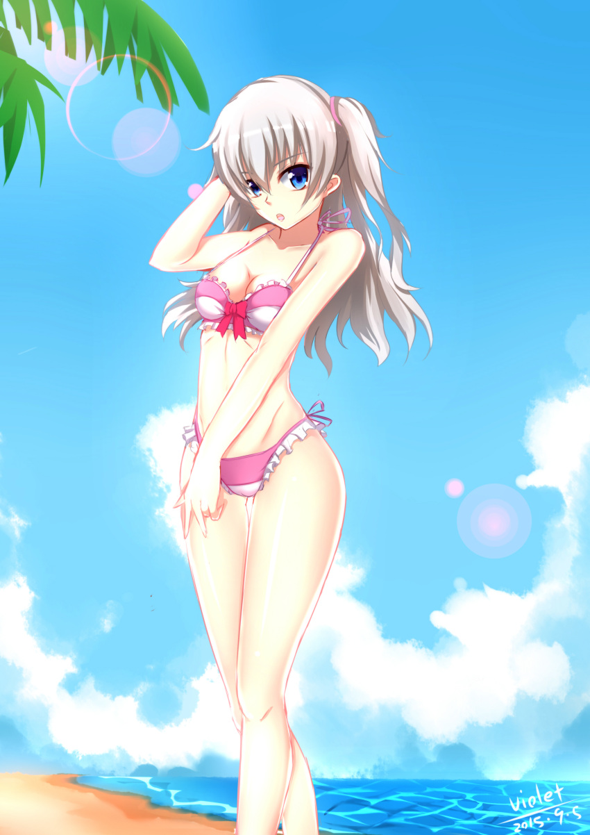 1girl absurdres bikini blue_eyes charlotte_(anime) highres long_hair silver_hair standing swimsuit tomori_nao twintails two_side_up violet_(eightonemini)