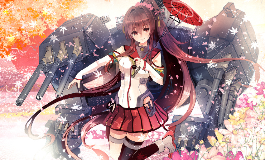 1girl brown_eyes brown_hair cherry_blossoms cis_(carcharias) flower hair_flower hair_ornament kantai_collection long_hair oriental_umbrella petals ponytail smile solo turret umbrella yamato_(kantai_collection)