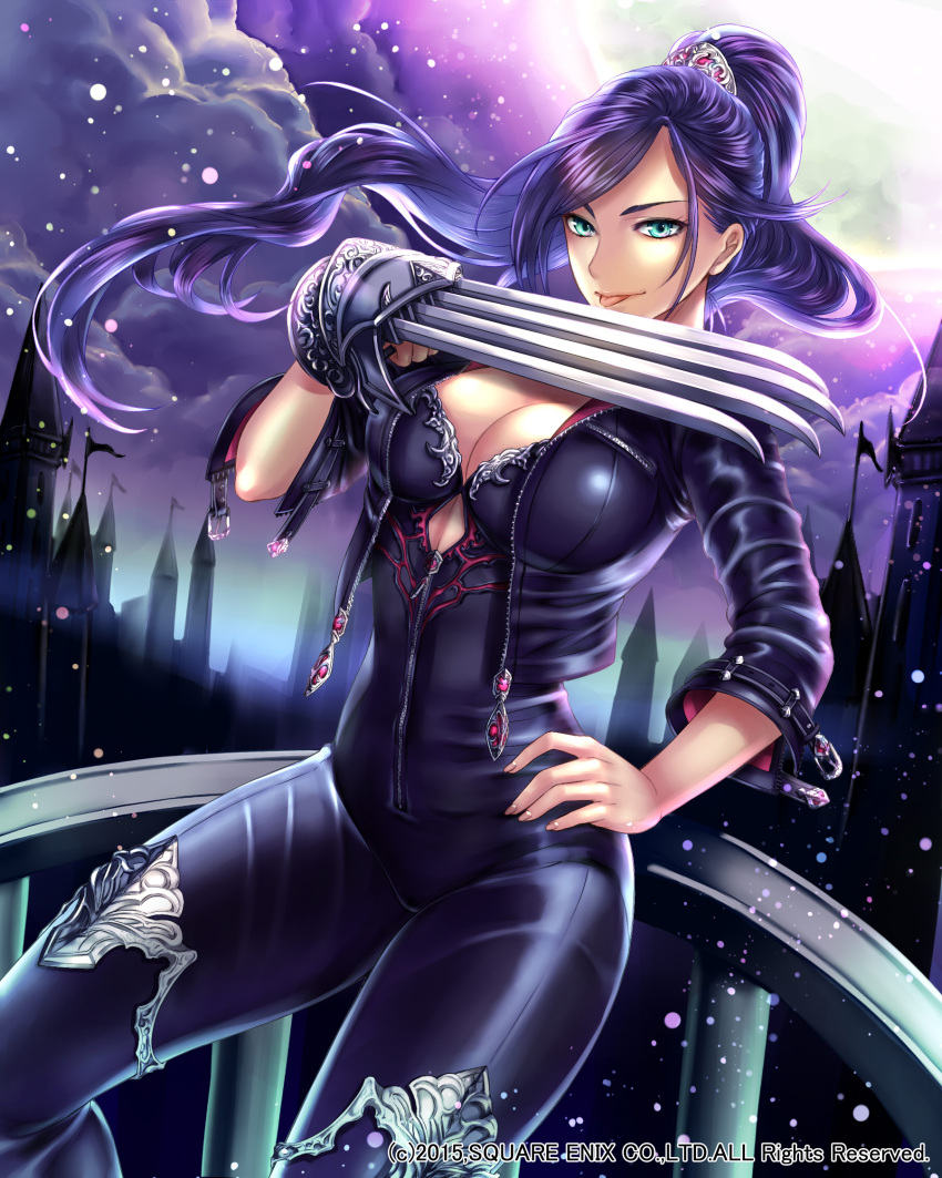 1girl aqua_eyes bikesuit breasts castle claw_(weapon) cleavage hair_ornament hand_on_hip highres iria_(yumeirokingyo) jacket leather licking_weapon long_hair lost_crusade moon night official_art open_clothes open_jacket ponytail purple_hair solo tongue tongue_out zipper