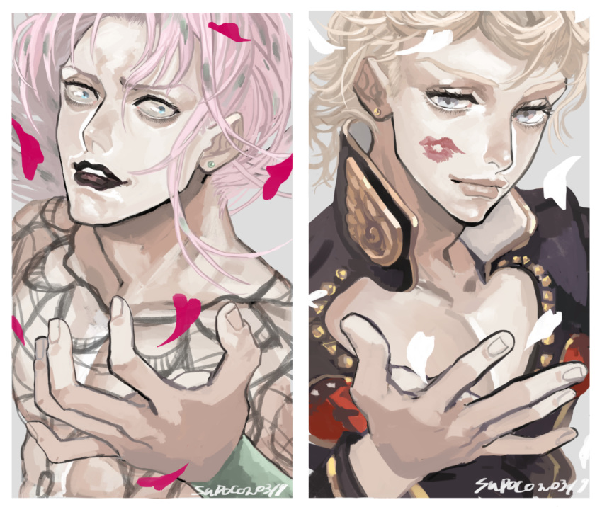 2boys artist_name black_lipstick blonde_hair blue_eyes crazy_eyes diavolo earrings giorno_giovanna jewelry jojo_no_kimyou_na_bouken lipstick lipstick_mark makeup multiple_boys petals pink_hair supocon