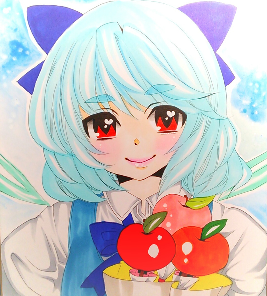 1girl apple blue_background blue_dress blue_hair blush bow cirno collared_shirt dress eyebrows eyebrows_visible_through_hair food fruit hair_bow heart ice ice_wings looking_at_viewer matsuppoi pink_lips red_eyes shikishi shirt short_hair smile solo touhou upper_body white_background wings
