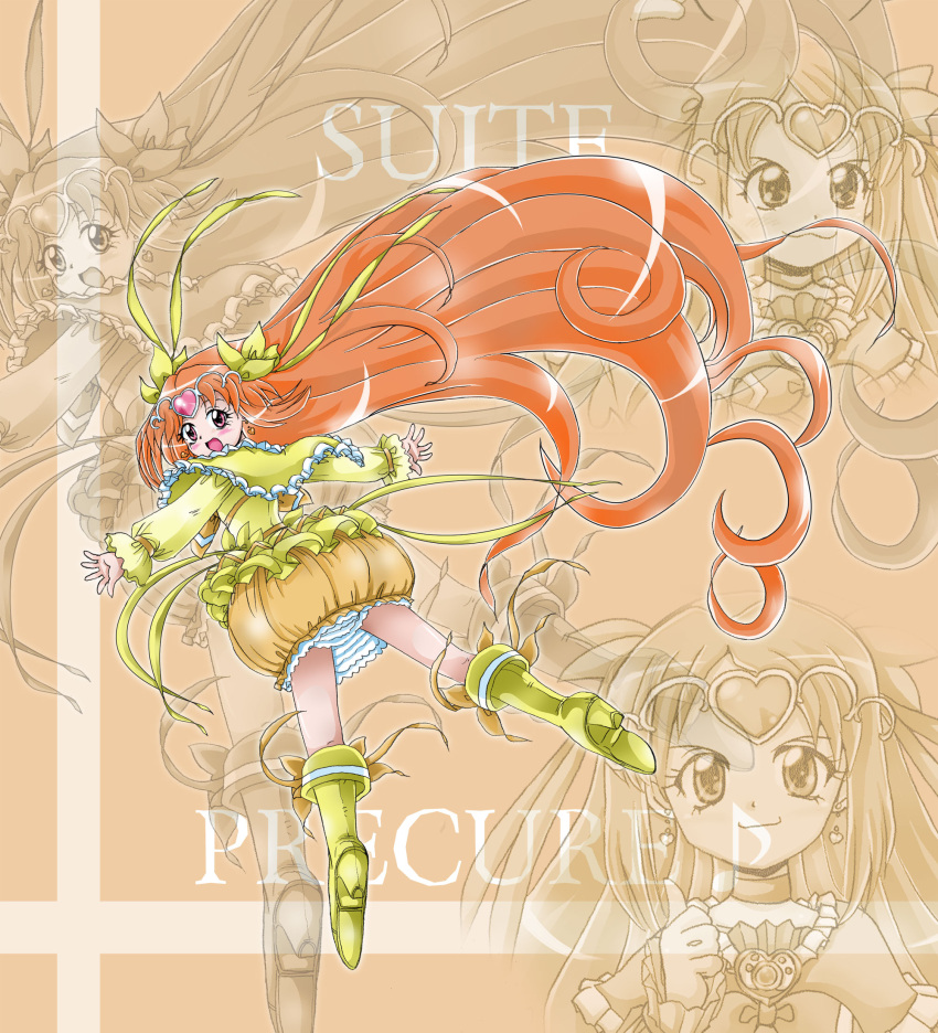 boots bow brooch brown_hair bubble_skirt choker circlet copyright_name cure_muse_(yellow) frills hair_bow hair_ribbon heart highres hyakuashiki_rei jewelry knee_boots long_hair magical_girl outstretched_arms precure ribbon shirabe_ako skirt smile spread_arms suite_precure yellow_bow