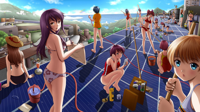 6+girls :d :o all_fours bikini blue_eyes blue_hair blue_sky broom brown_hair brush bucket building case cleaning drink drinking_straw floral_print green_hair hat highres horizon hose ilolamai multiple_girls ocean one-piece_swimsuit open_mouth outdoors phone purple_hair rainbow redhead shirt sky smile solar_panel straw_hat swimsuit water water_droplets yellow_eyes