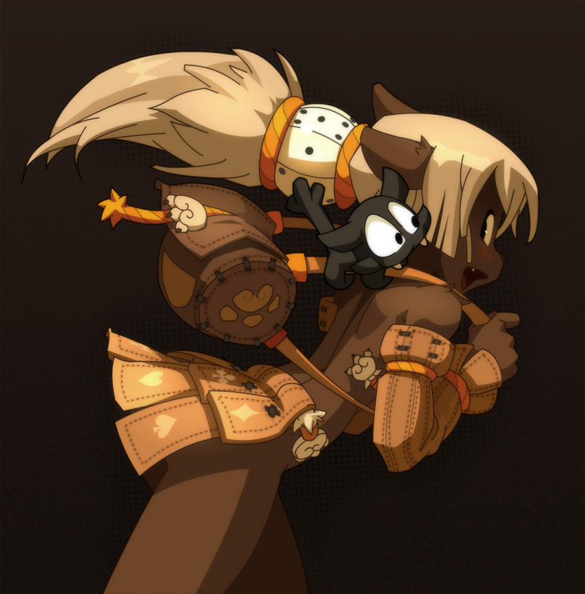 :d animal backpack bag bare_shoulders black_background blush bow_meow_(wakfu) cat dark_skin detached_sleeves ecaflip fangs from_side looking_back open_mouth pet pointy_ears ponytail simple_background skirt smile tagme upper_body wakfu white_hair xavier_houssin