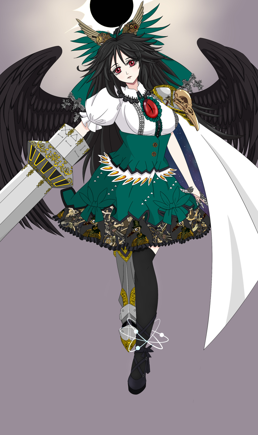 1girl absurdres adapted_costume alternate_costume ankle_ribbon arm_cannon bangs black_hair black_legwear black_shoes black_sun black_wings bow breasts cape chaofan_no_a_kong clock_hands commentary_request eyelashes feathered_wings floating gears green_skirt hair_bow head_tilt high_heels highres long_hair metal_boots mismatched_footwear parted_lips puffy_short_sleeves puffy_sleeves purple_background red_eyes reiuji_utsuho shoes short_sleeves simple_background single_boot single_shoe single_thighhigh skirt solo space sun symbol thigh-highs third_eye touhou very_long_hair weapon wings