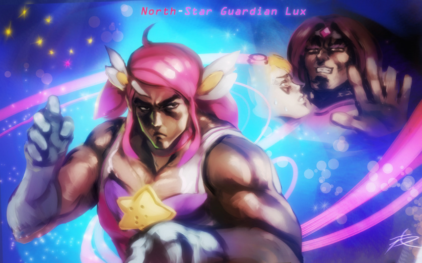 ahoge alternate_costume character_request crossover dark_skin eyebrows fighting_stance gloves hair_ornament hokuto_no_ken league_of_legends luxanna_crownguard magical_girl manly muscle parody phantom_ix_row pink_hair solo_focus star star_guardian_lux style_parody taric thick_eyebrows twintails white_gloves