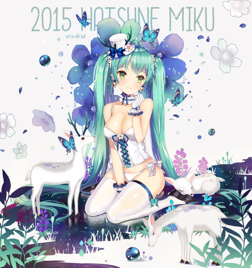 1girl 2015 breasts bustier butterfly character_name cleavage copyright_name corset dangmill deer earrings flower gloves green_eyes green_hair hat hatsune_miku highres jewelry long_hair mini_top_hat panties revision seiza side-tie_panties sitting solo thigh-highs top_hat twintails underwear very_long_hair vocaloid white_gloves white_legwear