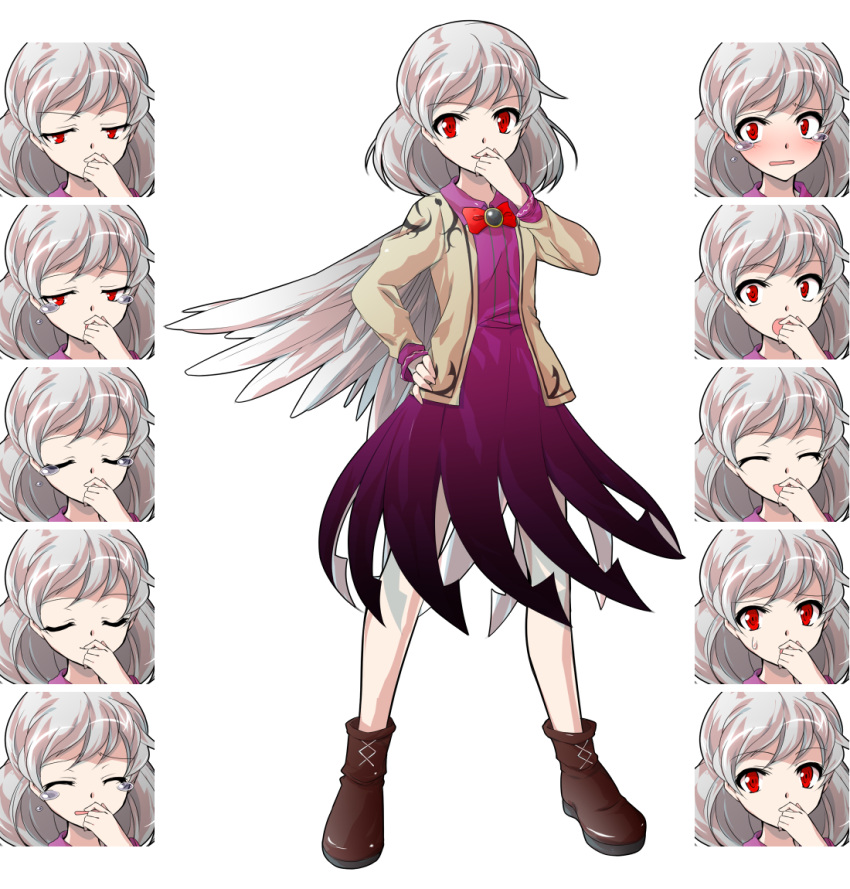 1girl :d :o ^_^ blush boots closed_eyes crying d: dairi dress expressions finger_to_mouth jacket kishin_sagume legacy_of_lunatic_kingdom open_mouth red_eyes silver_hair single_wing smile solo tachi-e tears touhou wings