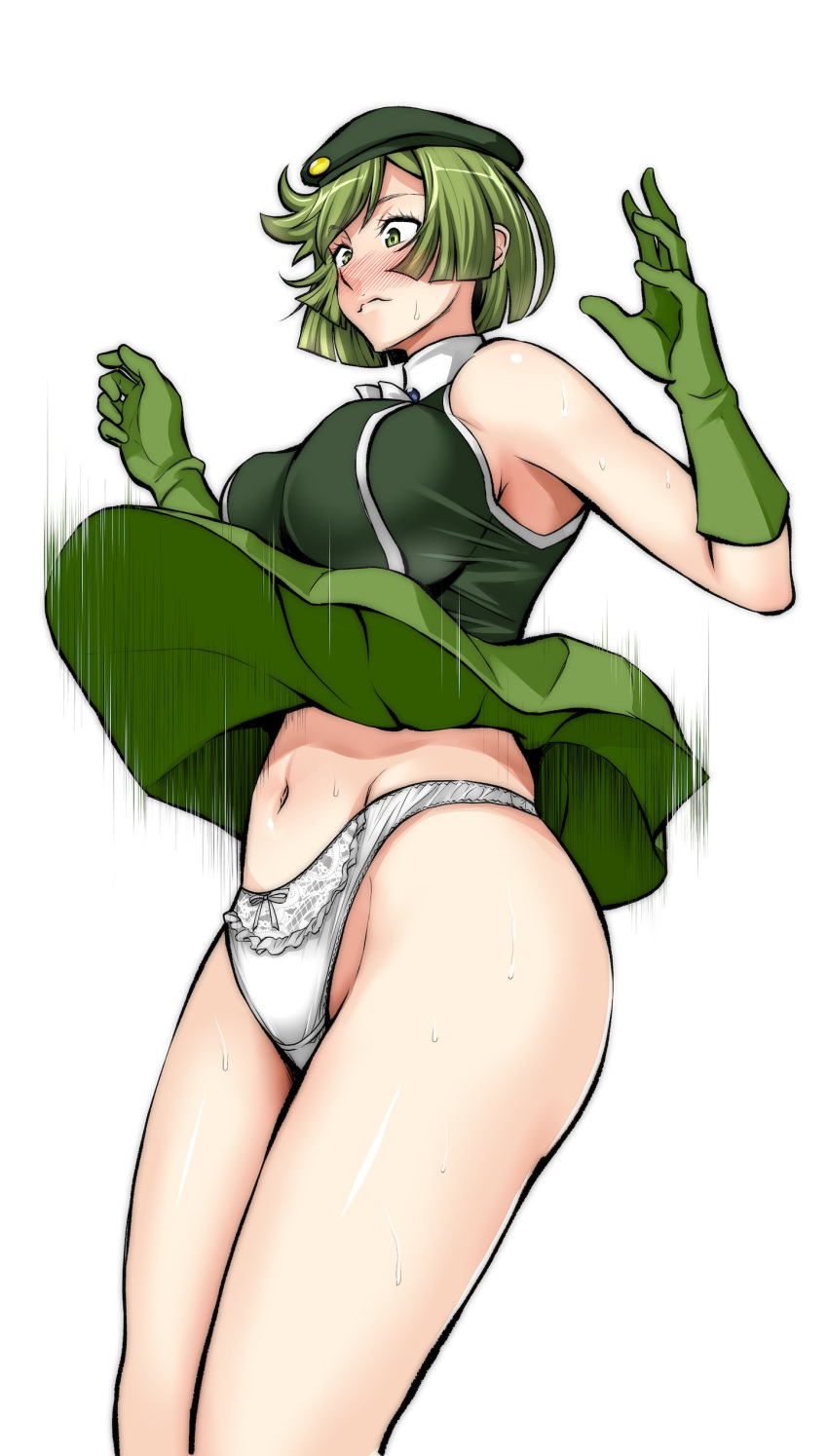 1girl absurdres bangs beret blush bob_cut bow bow_panties closed_mouth clothes_lift crotch_seam cutie_honey fang frown gloves green_eyes green_gloves green_hair green_headwear green_shirt green_skirt hat highres idol_honey itachou kisaragi_honey looking_to_the_side miniskirt motion_blur navel panties shirt short_hair simple_background skin_fang skirt skirt_lift sleeveless sleeveless_shirt solo standing sweat underwear w_arms white_background white_panties wind wind_lift
