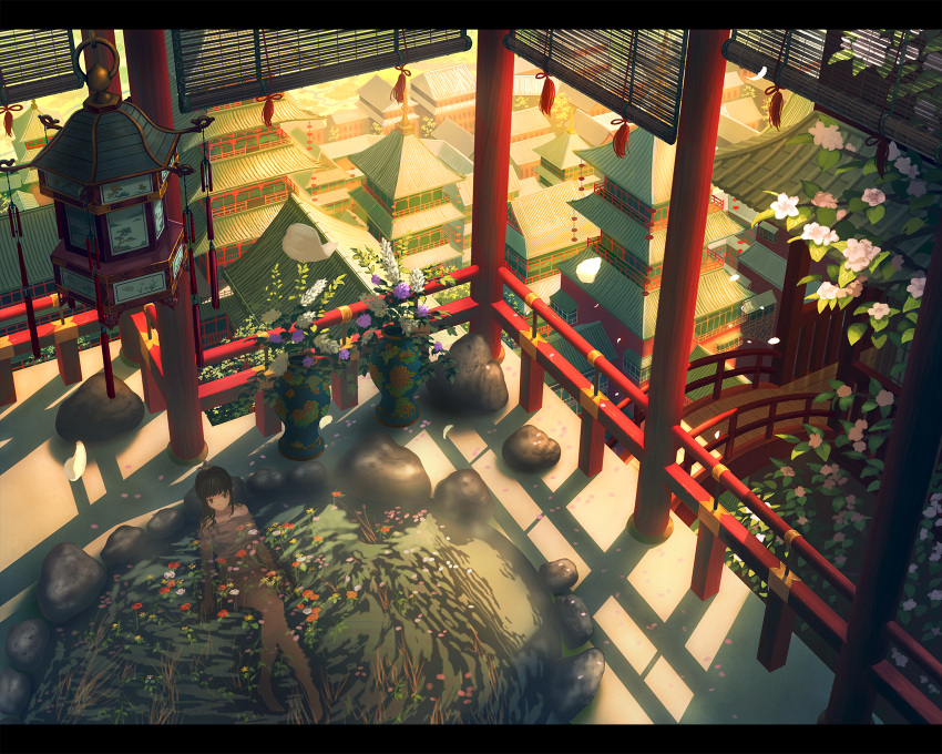 1girl architecture barefoot bridge brown_eyes brown_hair building east_asian_architecture expressionless flat_gaze flower highres lantern letterboxed md5_mismatch nauimusuka onsen original pagoda partially_submerged petals railing rock scenery shade sitting solo vase water