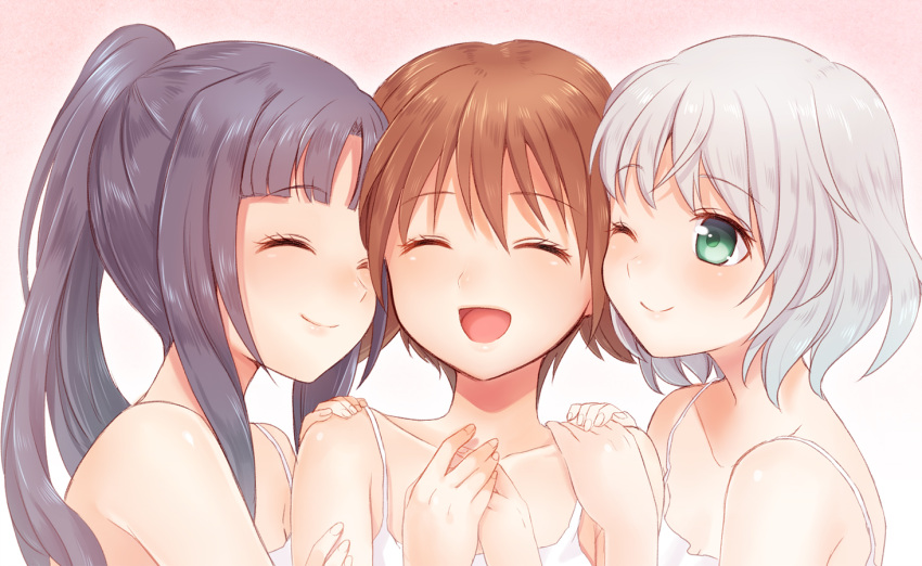 3girls :d ;) ^_^ black_hair blush brown_hair closed_eyes collarbone girl_sandwich green_eyes grey_hair hand_on_another's_shoulder hands_on_another's_shoulder hattori_shizuka miyafuji_yoshika multiple_girls nightgown one_eye_closed open_mouth pomery ponytail sandwiched sanya_v_litvyak short_hair smile strike_witches