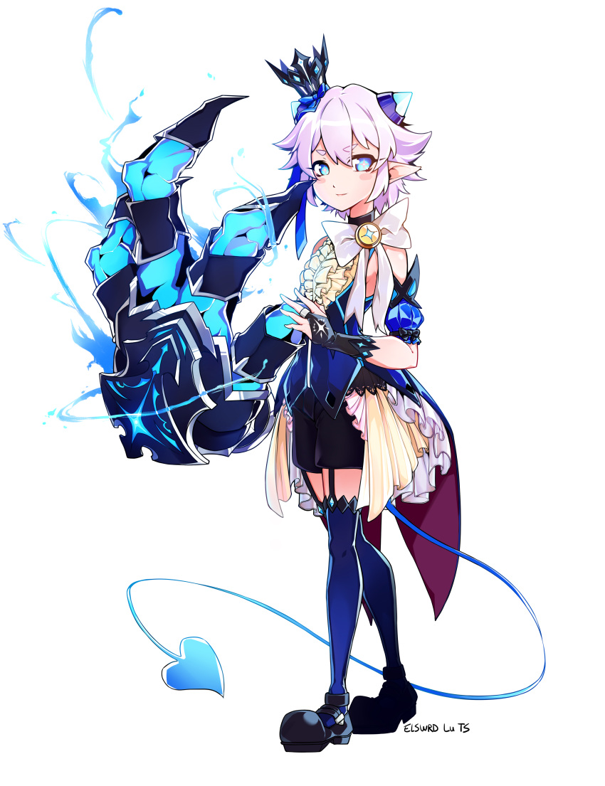 1boy absurdres black_shoes blue_eyes blue_legwear bow bridal_gauntlets brooch character_name claws copyright_name crown demon_power_(elsword) demon_tail elsword frills genderswap highres horns jewelry luciela_r._sourcream male_focus pointy_ears quai_(hbee) shoes shorts smile solo standing tail thigh-highs thigh_strap white_background white_bow white_hair