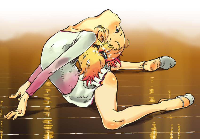 1girl arched_back ballet_slippers blonde_hair blue_eyes bow contortion flexible gymnastics hair_bow highres jikken_shirou leotard on_floor original short_twintails soles solo twintails