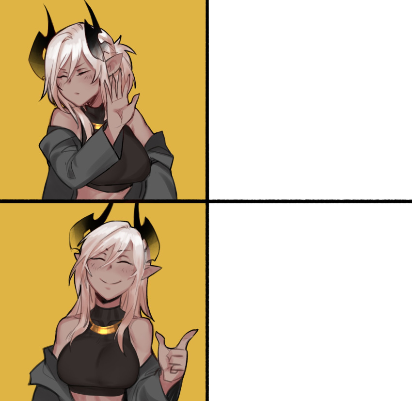 1girl aiko_(less) bangs bare_shoulders blush breasts closed_eyes demon_girl demon_horns drakeposting facing_viewer hand_up highres horns large_breasts less long_hair meme off_shoulder orange_background original pointy_ears simple_background smile solo template white_hair yellow_background