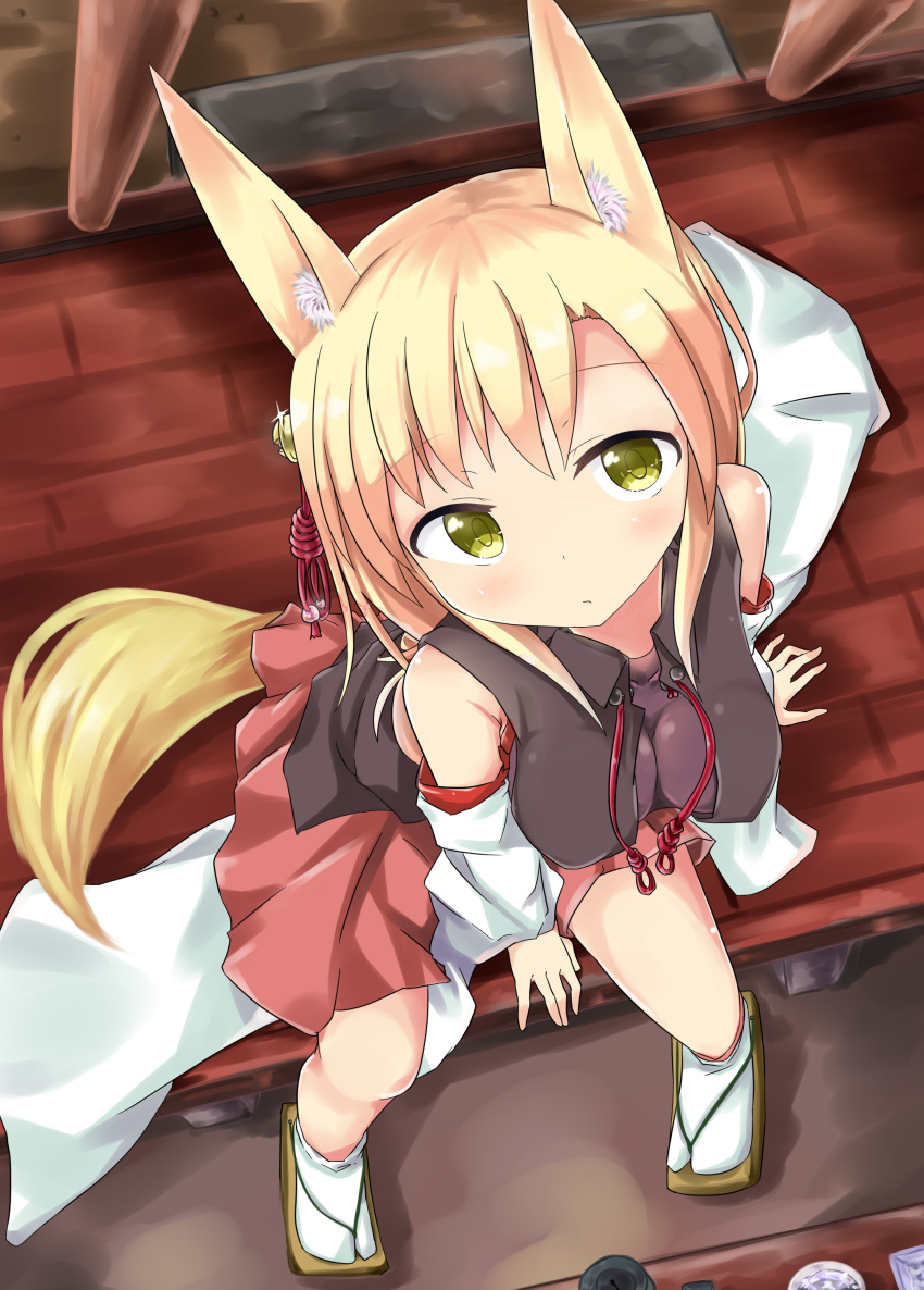 1girl absurdres animal_ears bare_shoulders detached_sleeves fox_ears fox_tail from_above highres japanese_clothes kemonomimi_mode looking_at_viewer nontraditional_miko numahata_tofu. original short_hair sitting solo tail wooden_floor yellow_eyes