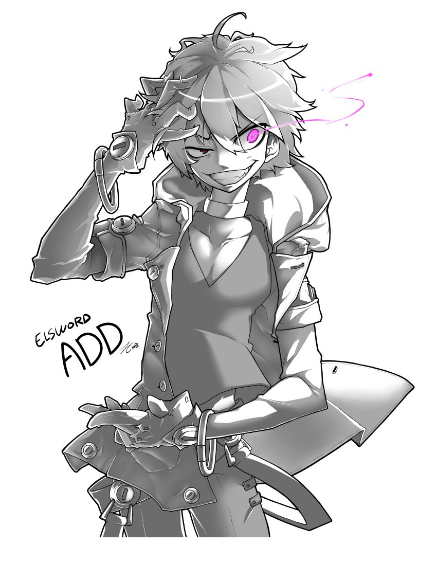 1boy absurdres add_(elsword) bracelet character_name choker copyright_name cowboy_shot elsword evil_smile grin hand_on_own_head highres hoodie jewelry male_focus messy_hair monochrome quai_(hbee) shirt smile solo spot_color teeth tracer_(elsword) violet_eyes white_background