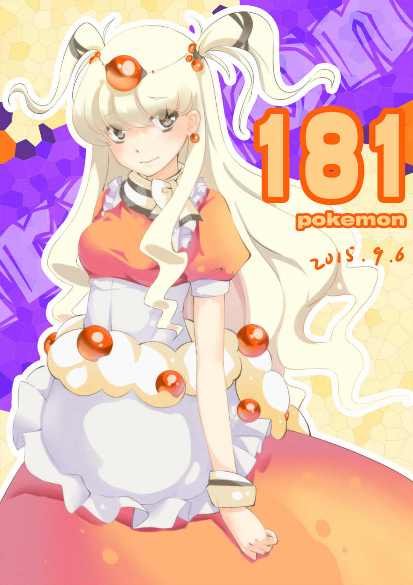 1girl 2015 ampharos apron bow dated dress earrings gem highres jewelry looking_at_viewer maid_apron mega_ampharos mega_pokemon nainai personification pokemon red_dress solo white_hair wristband