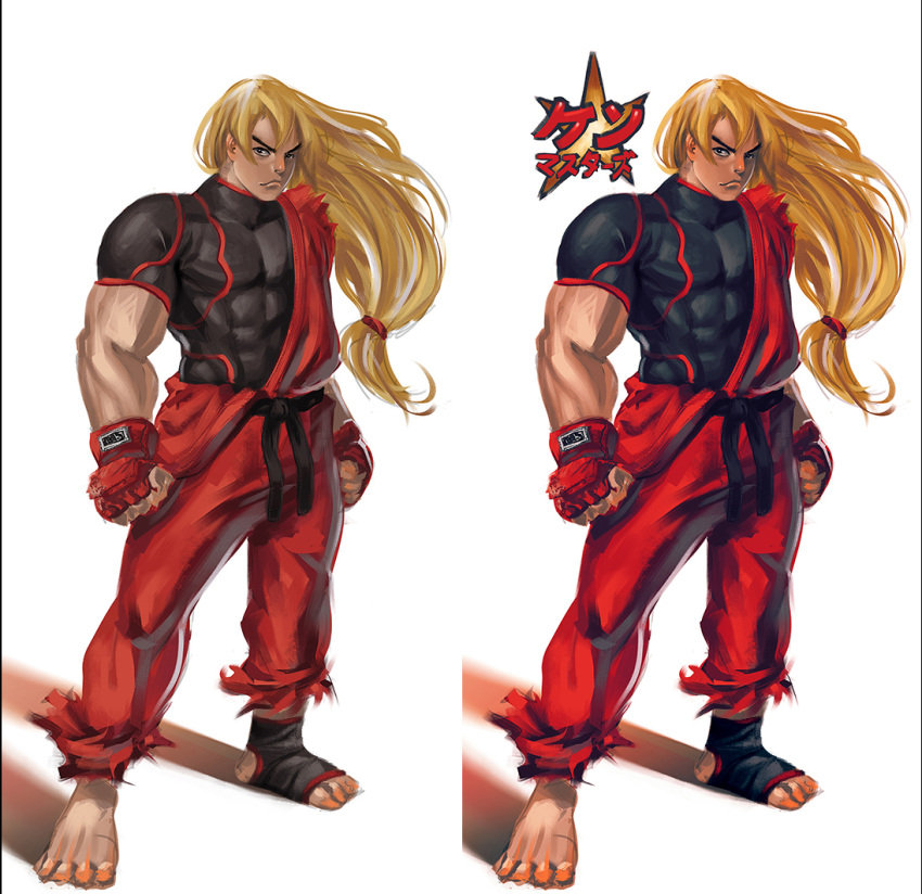 1boy abs alternate_costume ama'san barefoot blonde_hair clenched_hands clothes_around_waist dougi eyebrows fingerless_gloves full_body gloves ken_masters long_hair low-tied_long_hair male_focus muscle nose single_sock skin_tight socks solo stereogram street_fighter street_fighter_v t-shirt toeless_socks