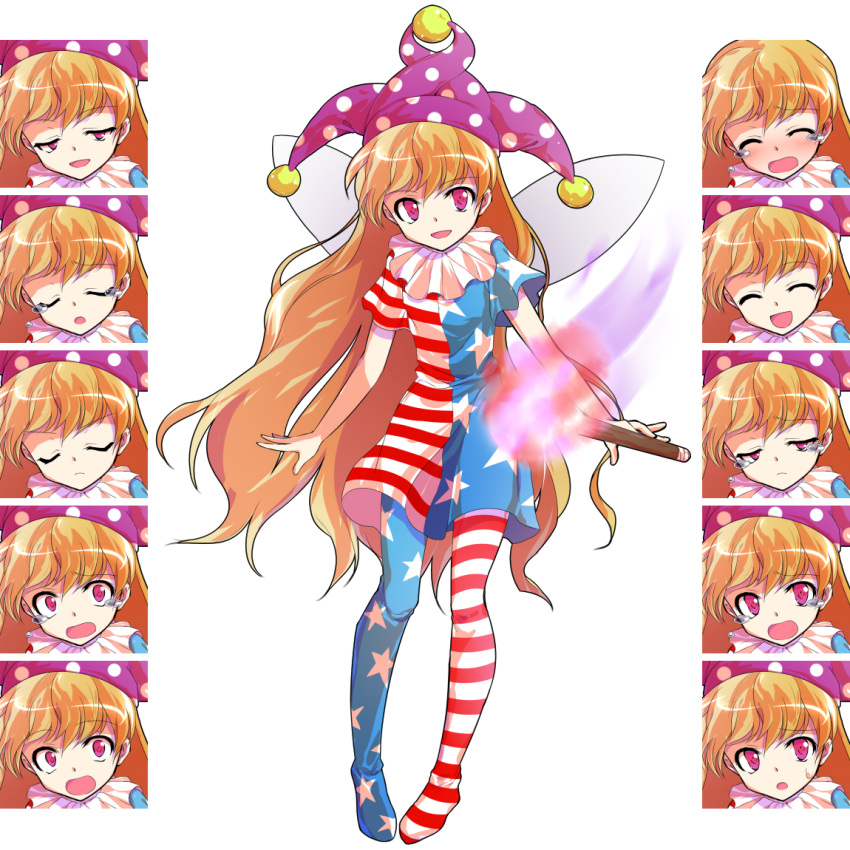 1girl :d ^_^ alphes_(style) american_flag_dress american_flag_legwear blonde_hair blush closed_eyes clownpiece crying d: dairi expressions long_hair open_mouth pantyhose parody pigeon-toed smile smug solo style_parody tachi-e torch touhou very_long_hair violet_eyes wavy_hair