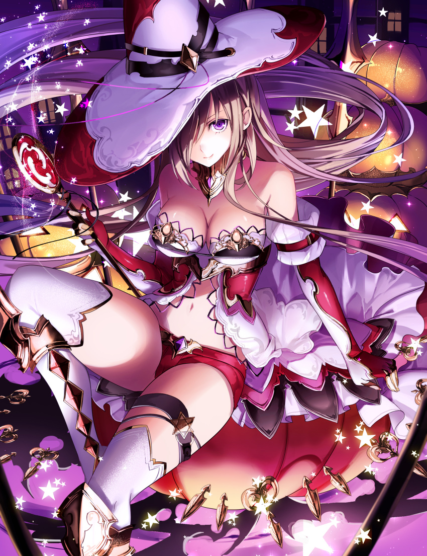 1girl absurdres armor bare_shoulders boots breasts cleavage collar elbow_gloves fingerless_gloves gloves hair_over_eyes hat highres knee_boots looking_at_viewer navel original short_shorts shorts star violet_eyes wand wizard_hat yuuki_kira