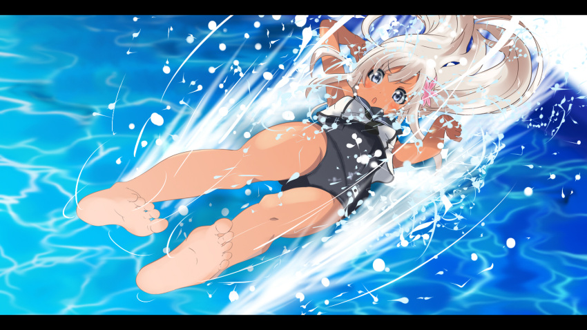 1girl barefoot blonde_hair blue_eyes blush crop_top flower hair_flower hair_ornament highres kantai_collection long_hair okuba one-piece_swimsuit open_mouth ro-500_(kantai_collection) sailor_collar school_swimsuit soles solo swimsuit swimsuit_under_clothes tan tanline toes water