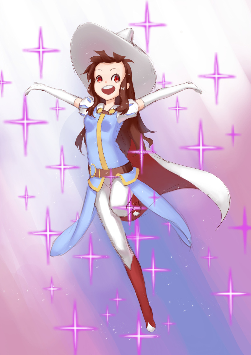 1girl :d absurdres akko_kagari brown_hair detached_sleeves elbow_gloves gloves hat highres little_witch_academia long_hair open_mouth outstretched_arms red_eyes red_mapleleaf simple_background smile solo sparkels spread_arms white_gloves witch_hat