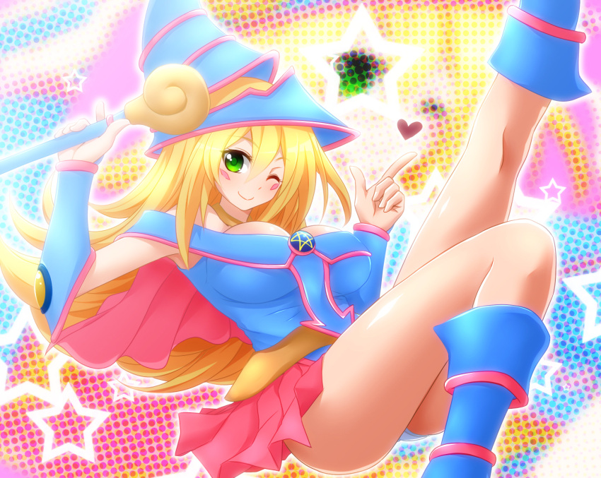 1girl bare_shoulders blonde_hair blue_boots blush blush_stickers boots breasts choker dark_magician_girl duel_monster green_eyes hat large_breasts long_hair looking_at_viewer pentacle smile solo staff star starry_background thighs watarui wink wizard_hat yuu-gi-ou