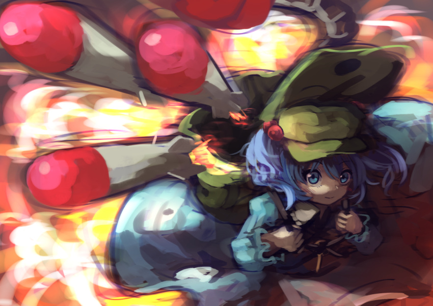 1girl backpack bag berabou blue_eyes blue_hair explosion hair_bobbles hair_ornament hat kawashiro_nitori key missiles short_hair skirt smile solo touhou twintails two_side_up