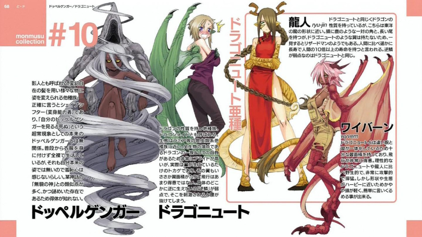 4girls absurdly_long_hair antlers black_sclera blonde_hair blush braid breasts brown_hair china_dress chinese_clothes claws convenient_leg crossed_arms dark_skin doppel_(monster_musume) doppelganger draco_(monster_musume) dragon_girl dragon_horns dragon_tail dragon_wings green_eyes hair_censor hair_over_one_eye horns inui_takemaru long_hair monster_girl monster_musume_no_iru_nichijou multiple_girls nude official_art pink_hair pointy_ears prehensile_hair scales short_hair side_slit sideboob single_braid slit_pupils small_breasts tail torn_clothes translation_request undressing very_long_hair violet_eyes white_hair wings yellow_eyes