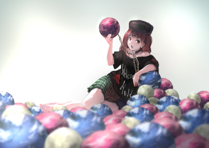 1girl ball_pit bare_shoulders barefoot chain collar earth hat hecatia_lapislazuli ichiba_youichi looking_at_viewer moon off_shoulder open_mouth red_eyes redhead shirt sitting skirt solo touhou