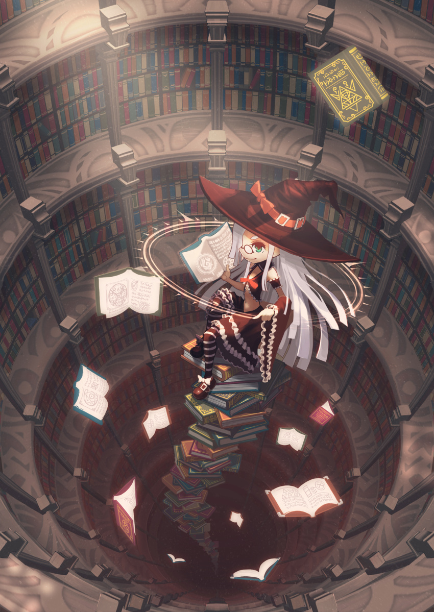 (tat) 1girl book book_stack commentary_request fantasy floating_book glasses green_eyes hat highres library long_hair magic_circle navel original silver_hair solo witch_hat