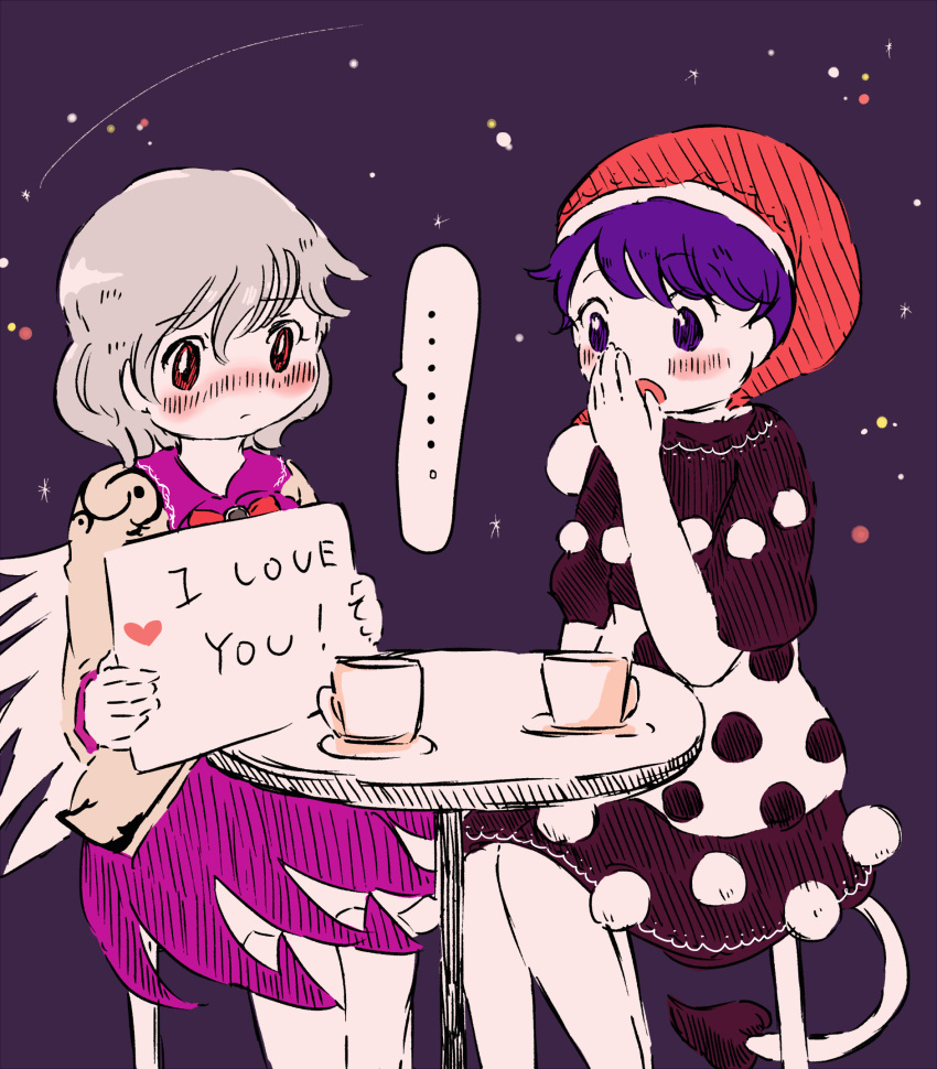 2girls black_dress blush bow chair covering_mouth cup doremy_sweet dress english hat heart highres jacket kishin_sagume long_sleeves multicolored_dress multiple_girls nightcap open_mouth purple_dress purple_hair red_eyes rin_tarou shooting_star short_hair short_sleeves silver_hair single_wing sitting space star surprised table tail touhou violet_eyes white_dress wings