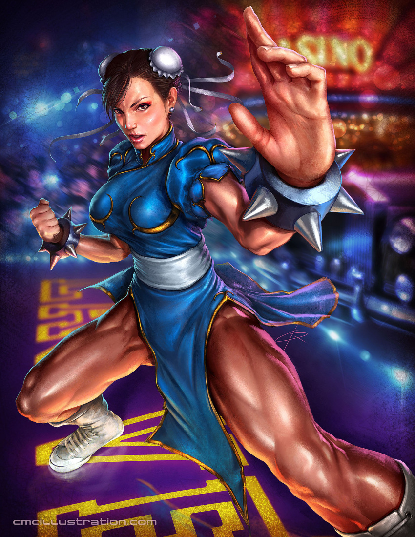 1girl aioras boots bracelet breasts brown_hair bun_cover china_dress chinese_clothes chun-li double_bun fighting_stance highres jewelry muscle pantyhose pelvic_curtain realistic spiked_bracelet spikes street_fighter