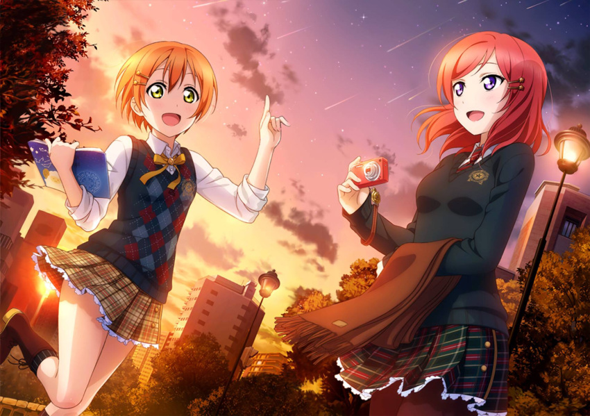 2girls :d argyle_sweater_vest black_sweater blush book boots bow bowtie camera green_eyes hair_between_eyes hair_ornament hairclip hairpin highres holding holding_book holding_camera hoshizora_rin index_finger_raised lamppost long_sleeves looking_at_viewer love_live! love_live!_school_idol_festival love_live!_school_idol_project miniskirt multiple_girls neck_ribbon necktie nishikino_maki non-web_source official_art open_book open_mouth orange_hair outdoors pantyhose plaid plaid_skirt pleated_skirt red_neckwear redhead ribbon school_uniform shooting_star short_hair skirt sleeves_rolled_up smile sunset sweater sweater_vest vest violet_eyes yellow_ribbon