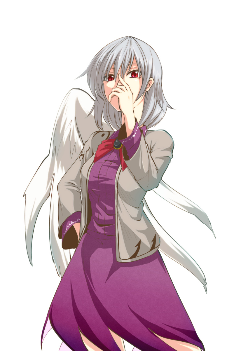 1girl brooch covering_mouth highres jacket jewelry kakao_(noise-111) kishin_sagume open_clothes open_jacket red_eyes single_wing solo touhou white_hair white_wings wings