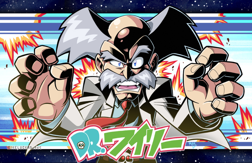 1boy albert_w_wily bald blue_eyes character_name explosion facial_hair grey_hair labcoat male_focus mike_luckas mustache necktie rockman signature solo watermark web_address