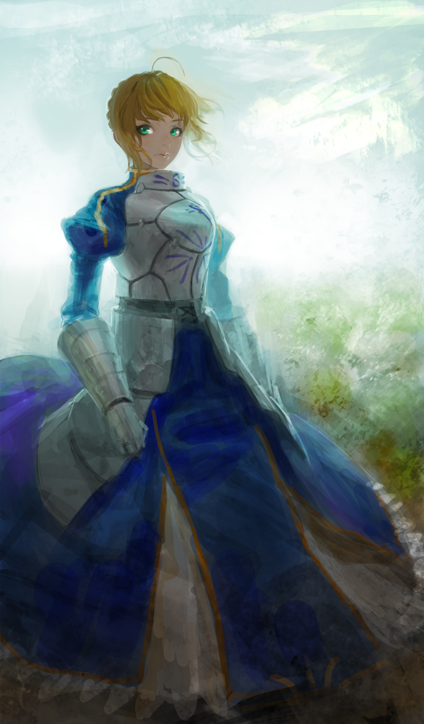 1girl ahoge armor armored_dress attall blonde_hair breastplate fate/stay_night fate_(series) faulds full_body gauntlets green_eyes highres long_dress saber short_hair solo