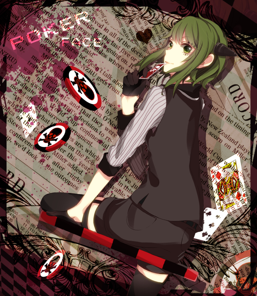 1girl black_gloves cardigan clubs_(playing_card) diamond_(playing_cards) gloves green_eyes green_hair gumi hair_ornament heart highres hiiro kneeling looking_at_viewer newspaper poker_chip poker_face_(vocaloid) skull_and_crossbones smile song_name spikes text vocaloid