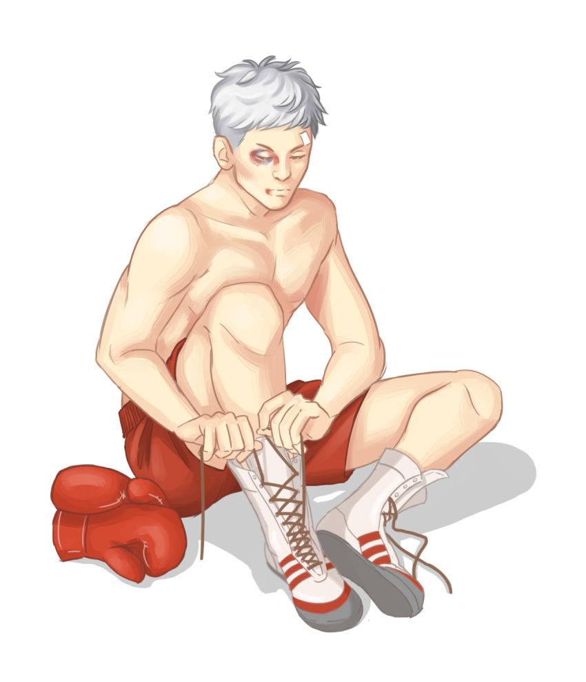 bandages black_eye boots boxing_gloves bruise gloves_removed grey_hair highres injury persona persona_3 sanada_akihiko shadow shirtless shoes shorts sitting toothyfangs tying_shoes