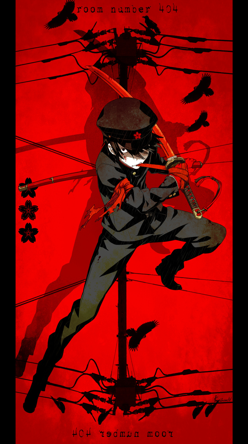 1boy absurdres artist_name black_hair blood blood_on_face copyright_name gakuran gloves hair_over_one_eye hat highres kamezaemon male_focus mouth_hold original peaked_cap red_background red_eyes red_gloves school_uniform shaded_face sword weapon