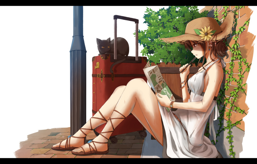 1girl against_wall animal bare_legs brown_eyes brown_hair cat dress flask_(pandora) flower from_side hat highres letterboxed map original parted_lips pencil pencil_to_face sandals sitting sun_hat sundress sunflower trolley watch watch