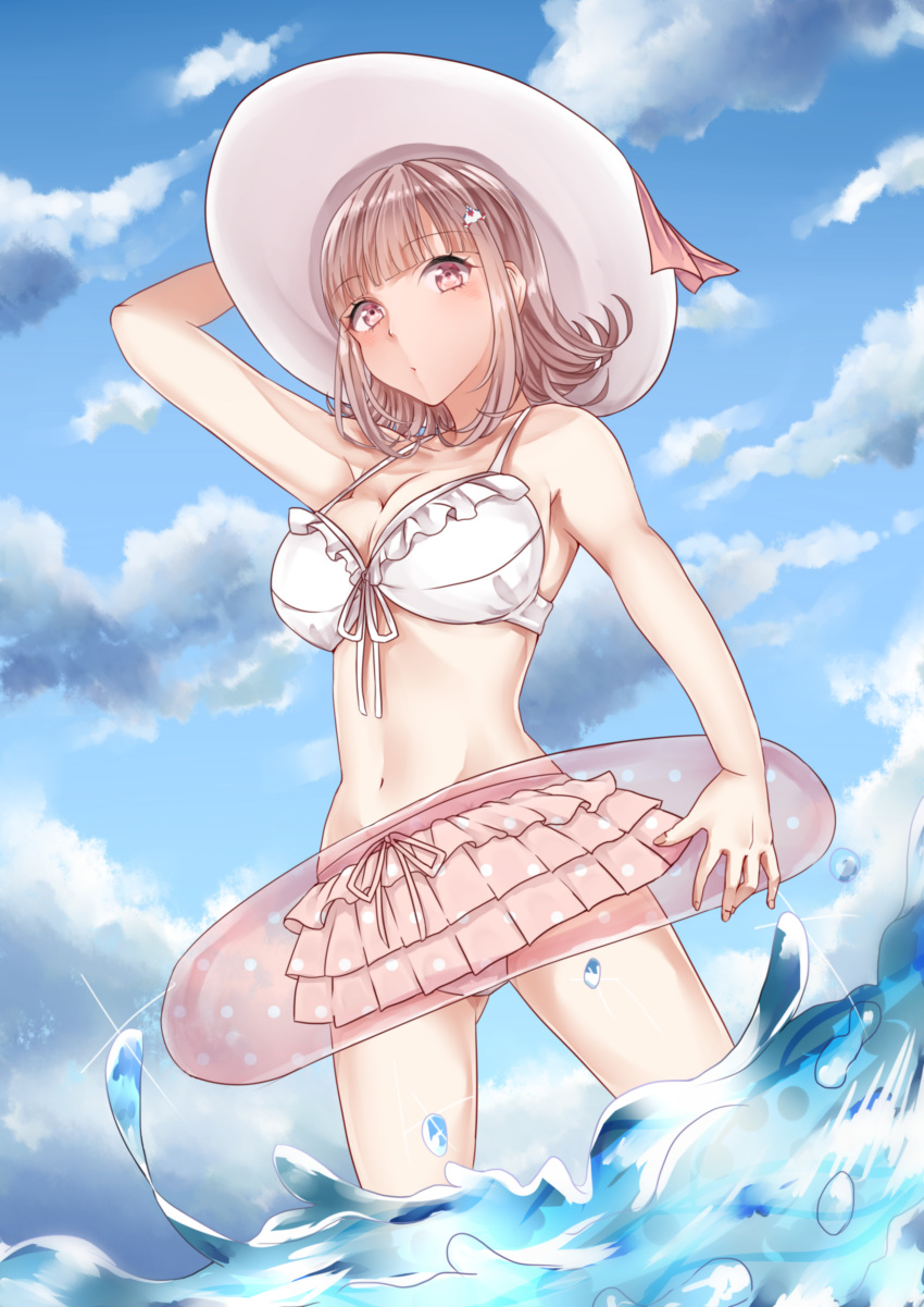 1girl absurdres arm_behind_head arm_up armpits bikini_skirt blush breasts cleavage dangan_ronpa front-tie_top hat highres innertube kuramira looking_at_viewer midriff nanami_chiaki navel pink_eyes pink_hair polka_dot see-through splashing sun_hat super_dangan_ronpa_2 water