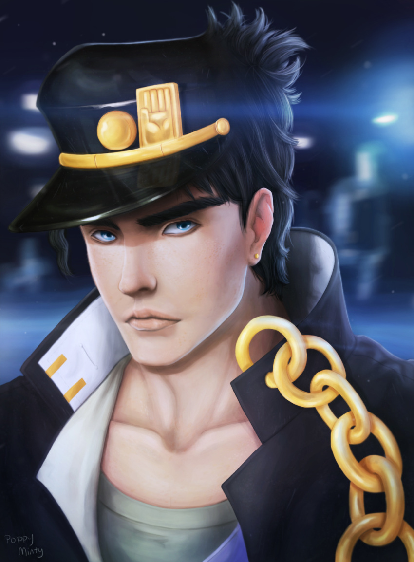 artist_name black_hair blue_eyes blurry chain collarbone depth_of_field earrings gakuran hat highres jewelry jojo_no_kimyou_na_bouken kuujou_joutarou light light_particles poppyminty portrait school_uniform signature