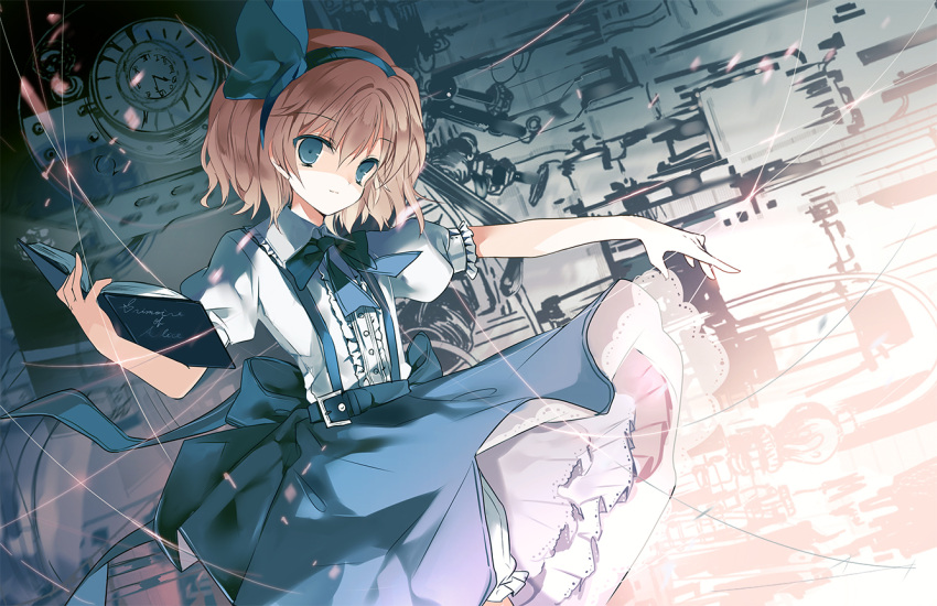 1girl alice_margatroid alice_margatroid_(pc-98) blonde_hair blue_dress book cierra_(ra-bit) clock dress grimoire_of_alice hair_ribbon machinery open_book outstretched_arm puffy_short_sleeves puffy_sleeves puppet_strings ribbon sash shaded_face shirt short_sleeves skirt solo suspenders touhou touhou_(pc-98)