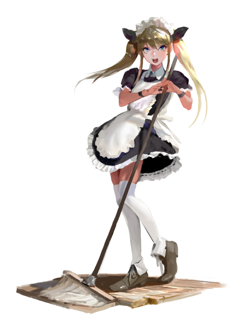 1girl ankle_boots apron attall blonde_hair blue_eyes boots broom flat_chest highres maid maid_apron maid_headdress open_mouth original over-kneehighs smile solo thigh-highs twintails white_legwear