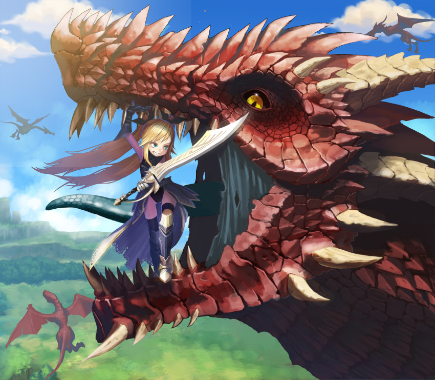 (tat) 1girl armored_boots blonde_hair blue_eyes dragon fantasy flying gauntlets grin hair_ribbon highres horns in_mouth original ribbon sharp_teeth sky smile sword tongue twintails weapon