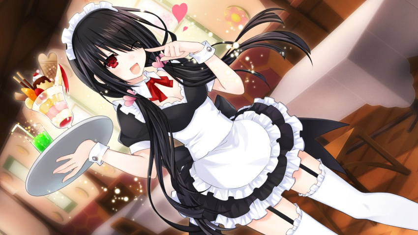 1girl alternate_costume black_hair blush breasts cafe chair cleavage date_a_live enmaided feet garter_straps glass hair_over_one_eye hairband heart long_hair maid maid_headdress miniskirt open_mouth parfait red_eyes red_ribbon ribbon skirt smile soda solo standing table thigh-highs thighs tokisaki_kurumi tray twintails white_legwear zettai_ryouiki