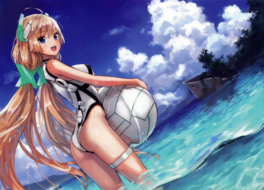 1girl :d absurdres angela_balzac ass ball beachball blonde_hair blue_eyes blue_sky blush from_behind hair_ornament headgear highres kawakami_rokkaku leotard long_hair looking_back low_twintails ocean open_mouth outdoors rakuen_tsuihou scan sky smile solo thighlet twintails very_long_hair wading