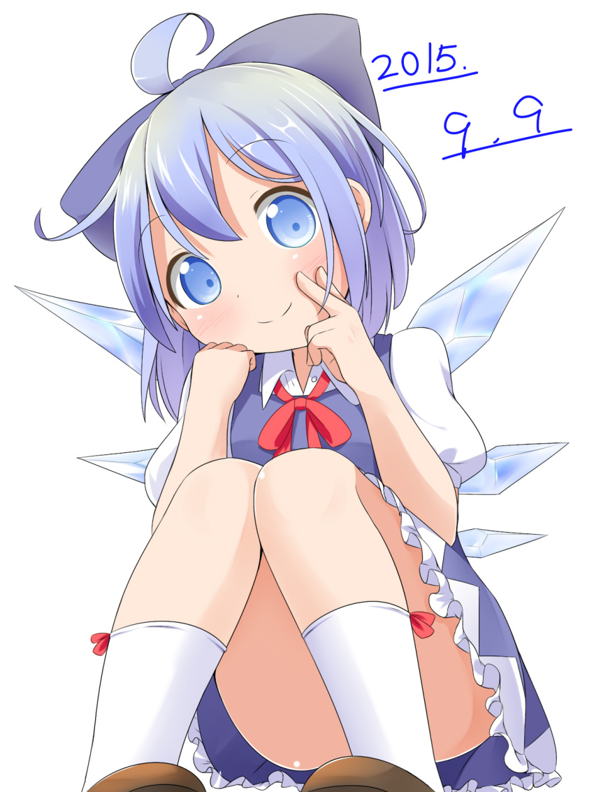 1girl ahoge blue_dress blue_eyes blue_hair bow cirno convenient_censoring convenient_leg dated dress hair_bow highres ice ice_wings knees_together_feet_apart looking_at_viewer makuran puffy_short_sleeves puffy_sleeves shirt short_sleeves sitting smile solo touhou upskirt wings