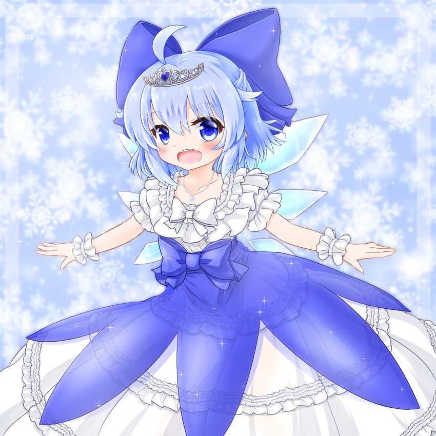 1girl adapted_costume ahoge blue_dress blue_eyes blue_hair blush bow cirno collarbone commentary dress frilled_dress frills hair_bow highres ice ice_wings jewelry layered_dress mofu_mofu necklace open_mouth outstretched_arms overskirt pendant puffy_short_sleeves puffy_sleeves see-through short_sleeves smile solo tiara touhou white_dress wings wrist_cuffs